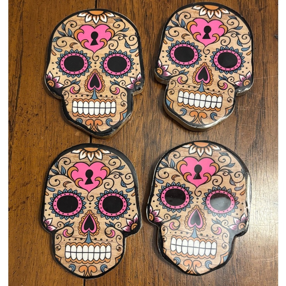 Set of 2 Wood Sugar Skull Coasters Day of the Dead Dia de los Muertos Multicolor